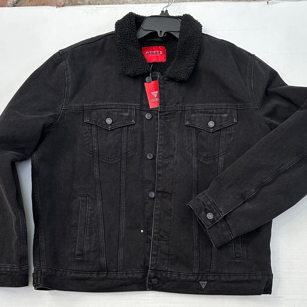New GUESS Men's Black Sherpa Collar Denim Jacket SZ XXL